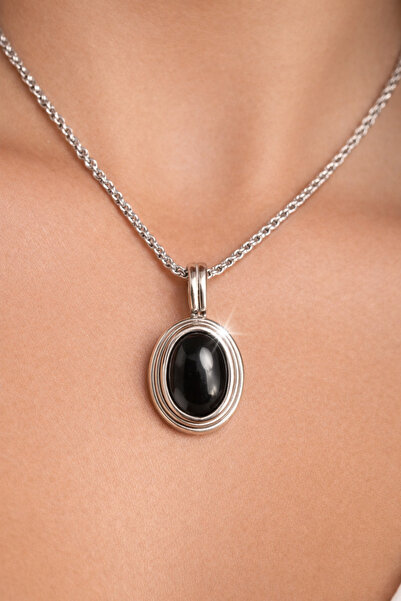 POYASE Black Stone Oval Form Frame Silver Color Necklace Stylish and Modern D...