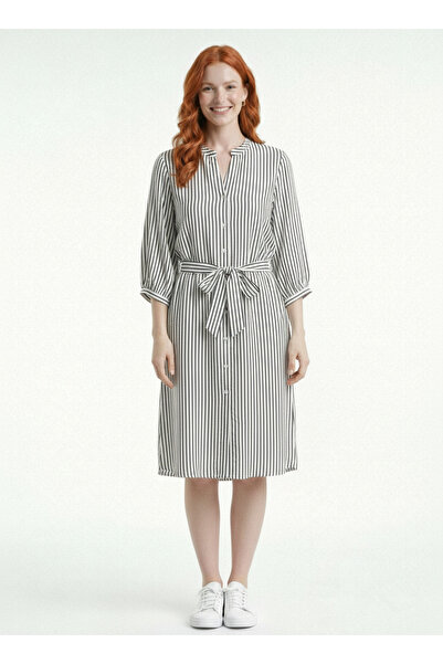 Neden Tekstil Φόρεμα μίντι με κουμπιά και ζώνη - Μαύρο και άσπρο ριγέ