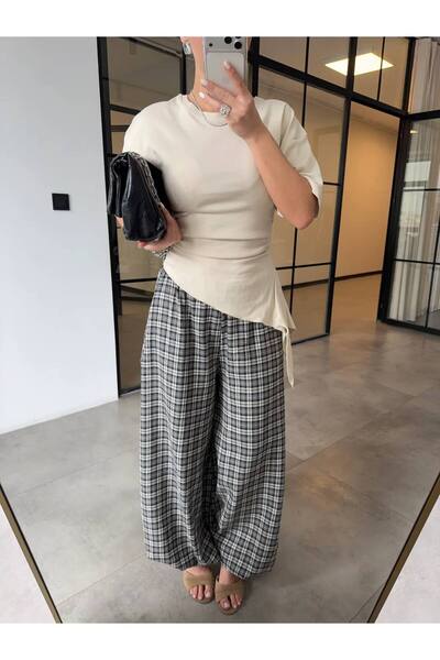 LOKADI Pantaloni shalwar largi, cu talie înaltă, cu model în carouri maro, pe...