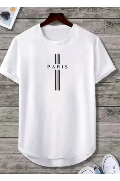 SUNFREE تيشيرت صيفي قطني بطبعة باريس بحاشية بيضاوية للجنسين