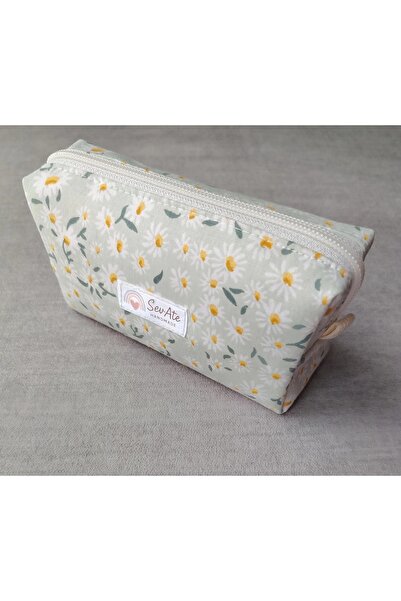 Handmade Mint Yeşili Papatya Desenli Küçük Boy Hijyen&Makyaj Çantası&Cüzdan