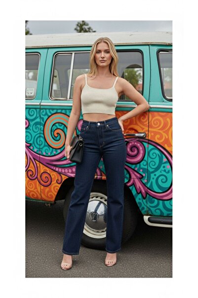 comfort jeans Σκούρο μπλε γυναικείο τζιν παντελόνι Lycra με ψηλή μέση και φαρ...