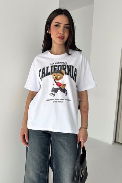Noa&Noa Women's California Printed Oversize T-Shirt – with Teddy Bear Figure