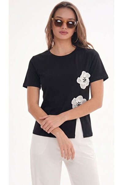 MYZ LİFE Black Rose Detailed T-Shirt Full Lycra Single Jersey