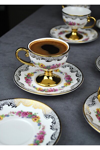 Qualitev 6-Person Porcelain Pink Floral Vintage Gold Footed Coffee Cup Set 90 ml