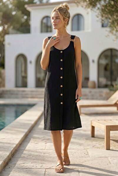 Chiccy Rochie casual din muselină țesută, cu bretele negre, cu nasturi, fără ...