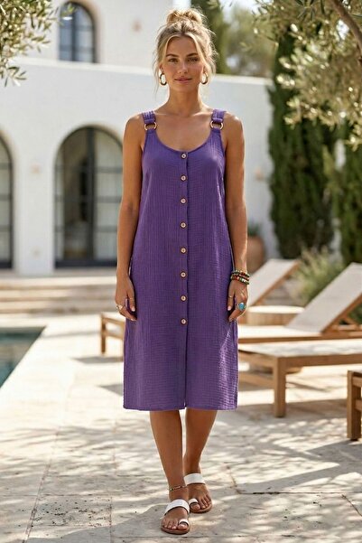Chiccy Rochie casual din muselină, mov, cu nasturi, fără buzunare, cu inel me...