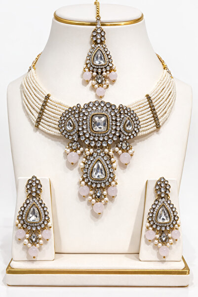 Generic Pearl Bridal Choker Necklace Set with Crystal Stones with Earrings an...