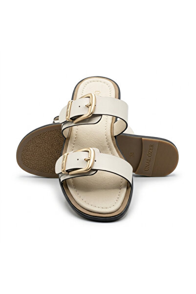 ÜNAL ÖZER Women's Genuine Leather Adjustable Strap Flat Heel Slippers Un001-0795