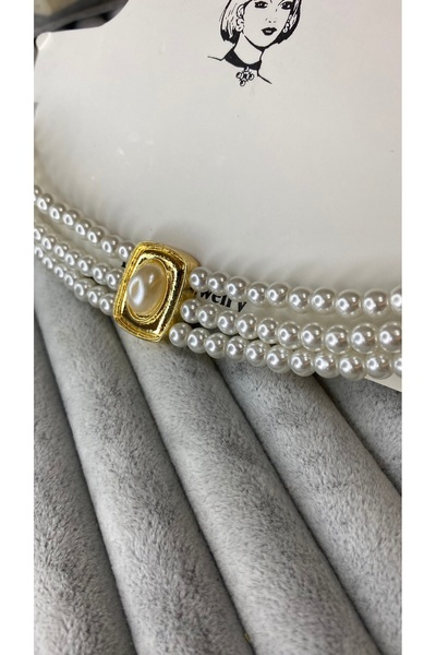 SELUVİA Women's Pearl Choker Necklace |   White Choker Necklace with Gold Sto...