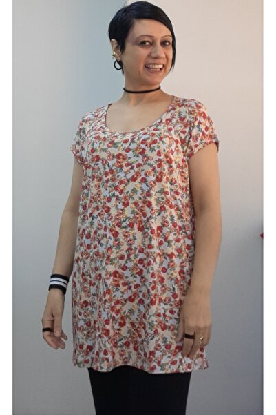 Mertcan Butik Gray Red Yellow Floral Patterned All-Over Low-Sleeve Combed Vis...