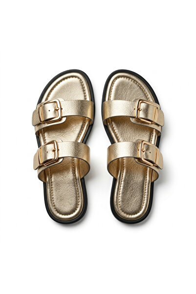 ÜNAL ÖZER Women's Genuine Leather Adjustable Strap Flat Heel Slippers Un001-0795