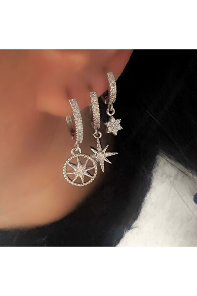 ACAR TAKI Triple Pole Star Earring Set-Silver Color Acr9477
