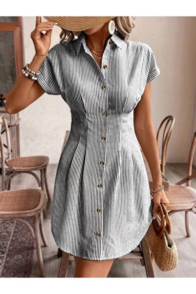 FRESCO SCARFS Women's Short Sleeve Collared Front Buttoned Short Tricotine Dress