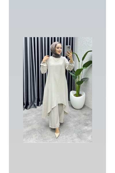 GOLDA DRES طقم نسائي من الكتان مكون من قطعتين باللون الحجري