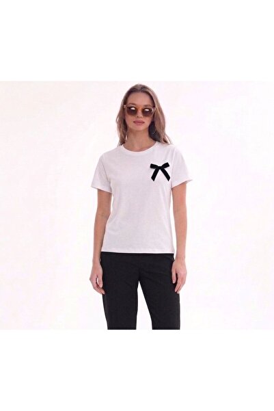 MYZ LİFE Black Pearl and Bow Detailed T-Shirt Full Lycra Single Jersey