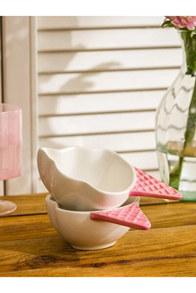 LC Waikiki LCW HOME Κεραμικό Μπολ με Εκρού Σχέδιο, Σετ 2 τεμαχίων, 14 εκ.