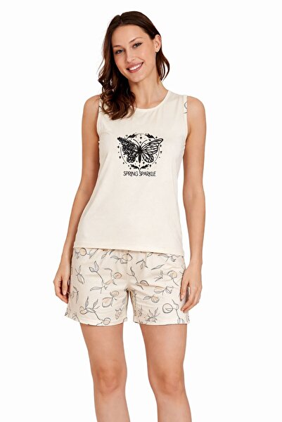 GK LUXURY & FASHION Boyraz Lemon Yellow Butterfly Printed Sleeveless Shorts S...