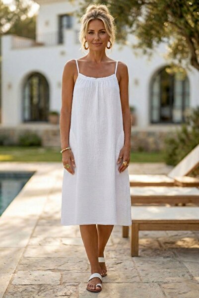 Chiccy Rochie casual din muselină țesută cu bretele albe, buzunar ascuns și b...