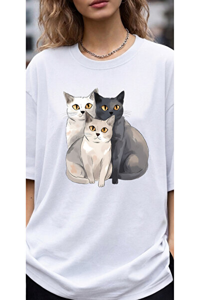 dompulerimoda Three Cat Printed Unisex Oversize T-Shirt