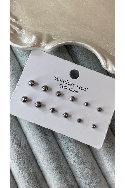 SELUVİA Steel Ball Earring Set 12-Piece Silver Ball Model – Stainless Steel M...