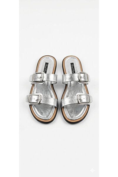 ÜNAL ÖZER Women's Genuine Leather Adjustable Strap Flat Heel Slippers Un001-0795