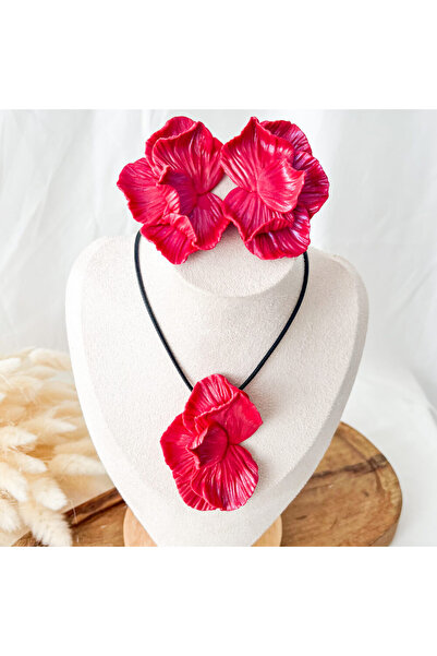 MYGRACE Flower Earrings and Necklace Set, Red, Textured Halves, Oversized, Ha...