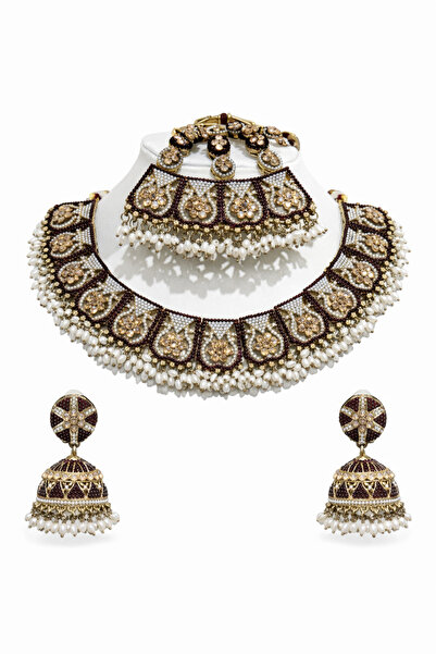 Generic Maroon Stone Pearl Bridal Choker Necklace Set with Jhumka Earrings Go...