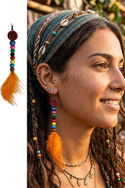 Cadının Dükkanı El Yapımı Deri Tek Küpe Turuncu Tüy Ve Renkli Boncuklu