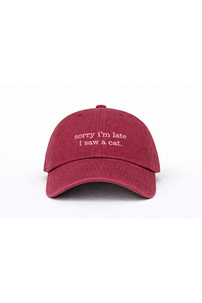 Tresore ''Sorry I'M Late I Saw a Cat'' Embroidered Washed Cap / Cat Embroider...