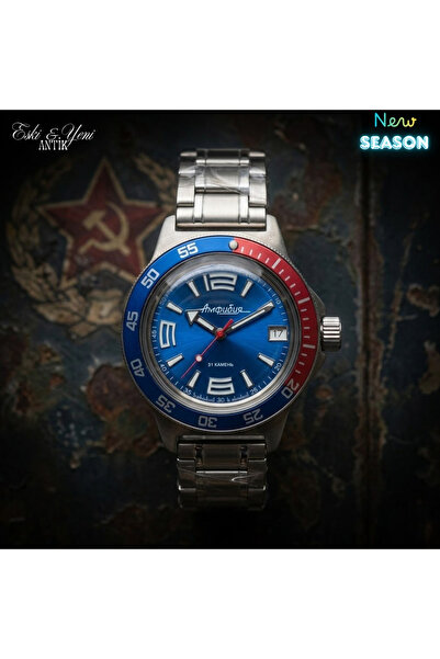 ESKİ YENİ ANTİK ساعة فوستوك أمفيبيا ميكانيكية أوتوماتيكية - مينا زرقاء، مقاوم...