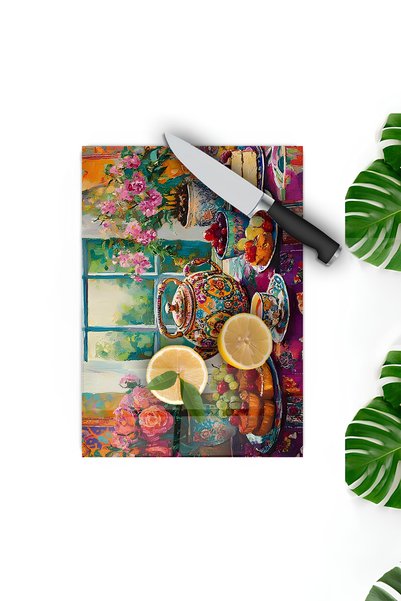 kutuTR Tea Time Still Life Flower and Sweet Uv Printing on Tempered Glass Cutting Board 30X40 cm Size - Bckt068