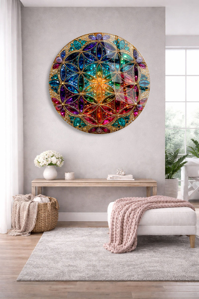 TAULART Unbreakable Glass Table – Colorful Life Flower Mandala Geometric Art ...