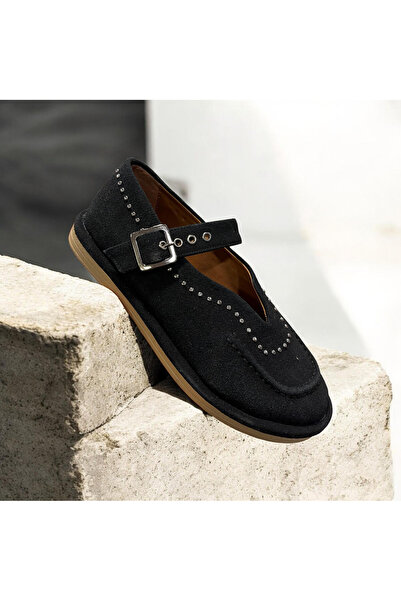 Daloğlu Μαύρα γυναικεία παπούτσια μπαλαρίνας με αγκράφα από σουέντ και δερμάτ...