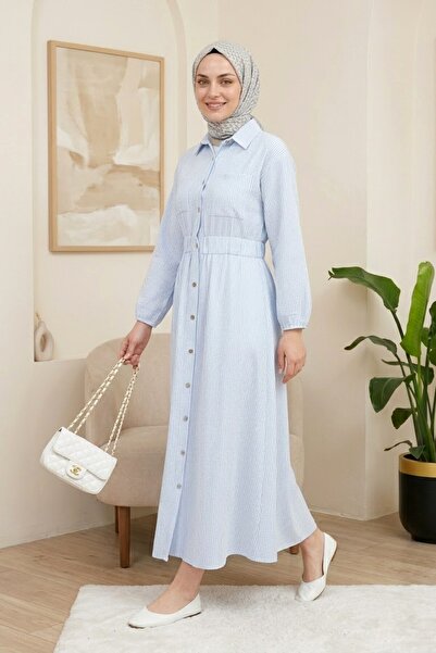 FERHEL Women's Elastic Waist, Buttoned, Striped, Modest Dress - Baby Blue