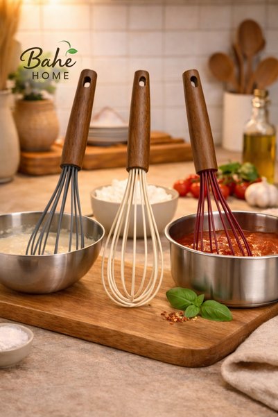 bahe home Wooden Handle Silicone Whisk Set 3-Piece Heat Resistant Non-Stick Kitchen Whisk