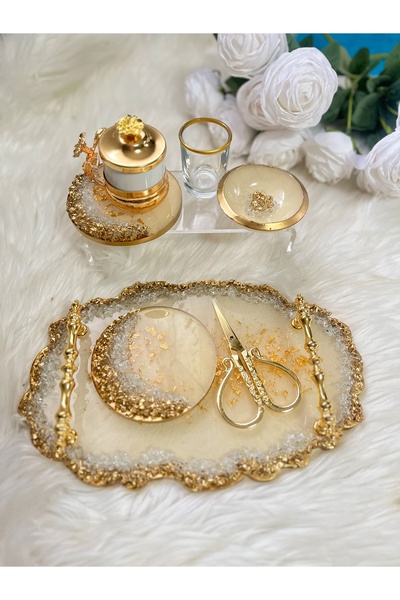 RESİNARTSHOP Epoksi tepsi 7 parça sedefli krem+Gold küçük boy nişan+damat tep...