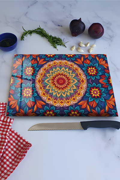 kutuTR Renkli Mandala Çiçek Desenli Temperli Cam Kesme Tahtası 30X40 cm Ebadı...