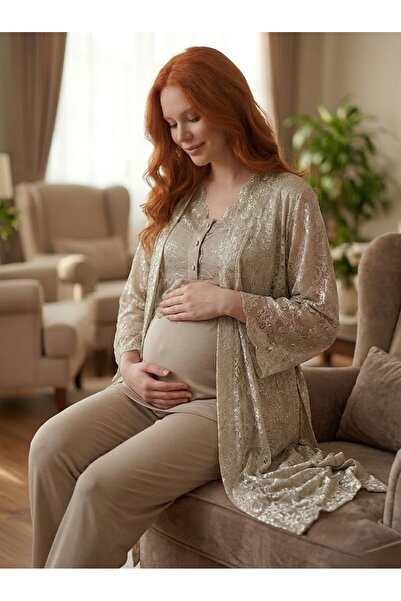 Lohussa New Season Khaki Jacquard Satin Pajama Set with Maternity Gown and Nu...