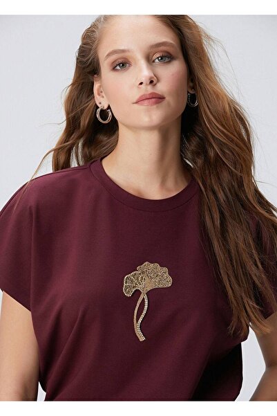 LUMİ Atelier Stone Flower Detailed Women's T-Shirt Basic Cotton Crew Neck Sho...