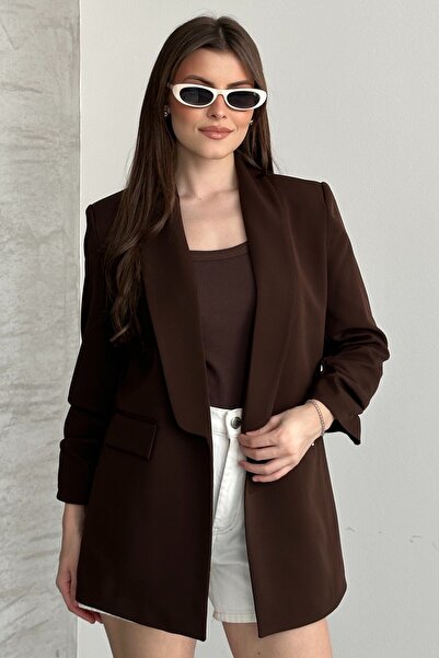 moda armanc Women's Brown Blazer Jacket with Drawstring Sleeve Detail, Stylis...