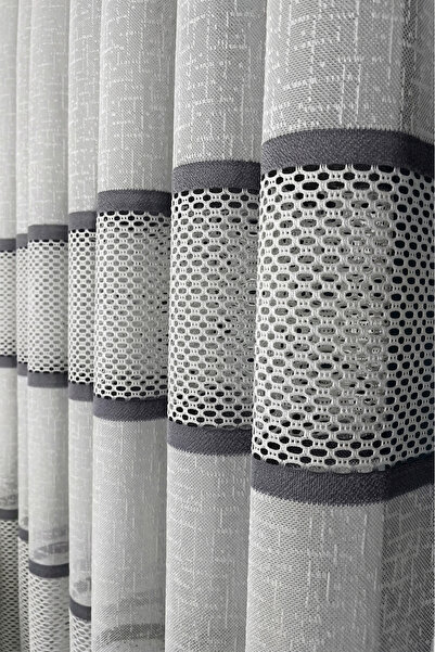 Evdepo Home Ecru - Gray Appliqué Tulle 1 to 3 Dense Pleats - Non-Ironing Mode...