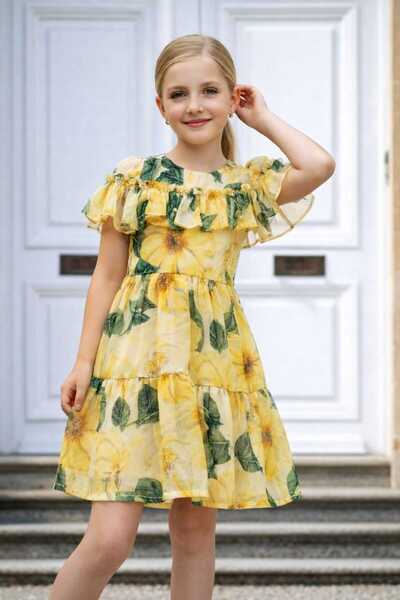 ELAFOR Rochie galbenă cu volane și flori pentru fetiță, aniversare de absolvi...