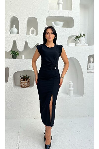 Nida Boutique Bisiklet Yaka Sıfır Kol Düğme Detaylı Drapeli Yırtmaçlı Aselina...