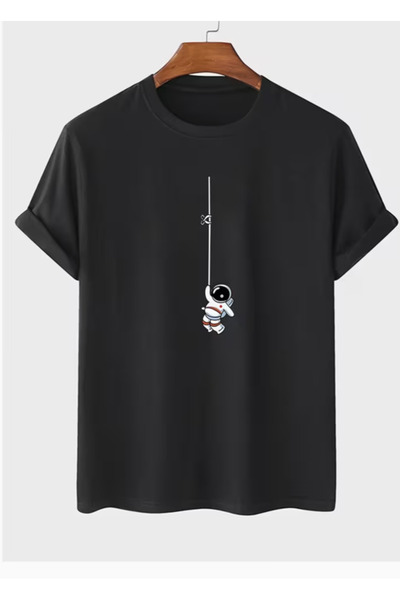 Oceanwear Μπλουζάκι Astronaut Printed Crew Neck Μαύρο Unisex Απλό, Φαρδύ, Κον...