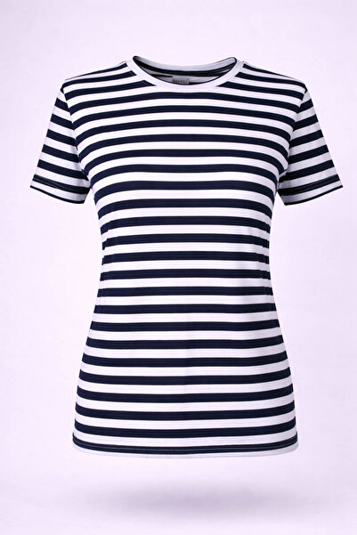 trender تي شيرت نسائي مخطط من الفيسكوز برقبة دائرية باللون الأزرق الداكن 26YD...