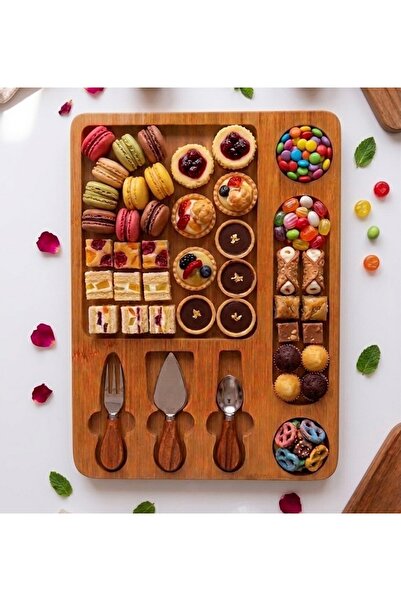 BAROTTİ Wooden Cheese Serving Plate with 3+1 Compartments – 3-Piece Cheese Kn...