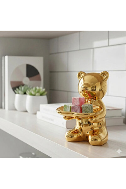 mysecrethome Gold Ayıcık Figürlü Sunumluk 15x8 cm – Dekoratif Şekerlik ve İkr...