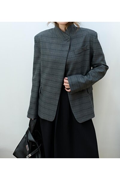 Zey Studio Women's Gray Notched Collar Single Button Plaid Blazer Jacket