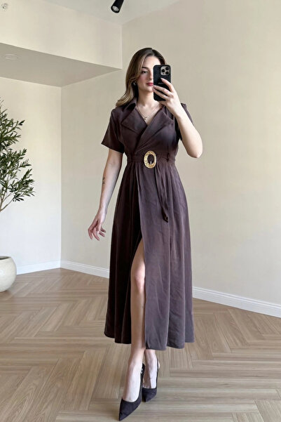 MOZENA Rochie midi din țesătură Tencel, cu guler dublu și detaliu curea în talie